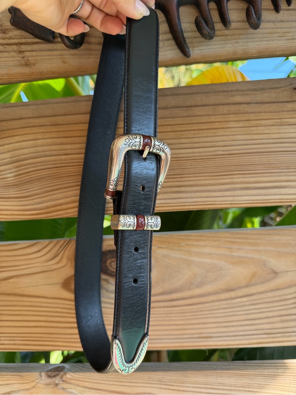 Black Leather Belt with Decorative Silver-Tone Buckle
